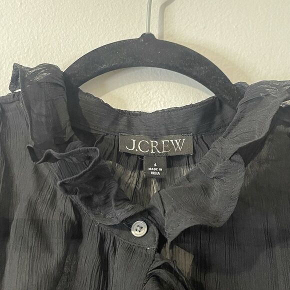 J.CREW Ruffle Button-up Shirt in Crinkle Chiffon Size 4 Black NEW Modern CF436 - Picture 4 of 16
